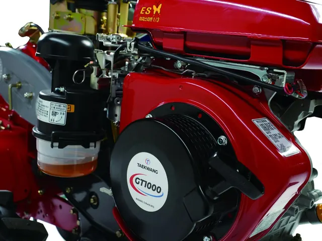 Motor y depósito de un motocultor, vista de cerca