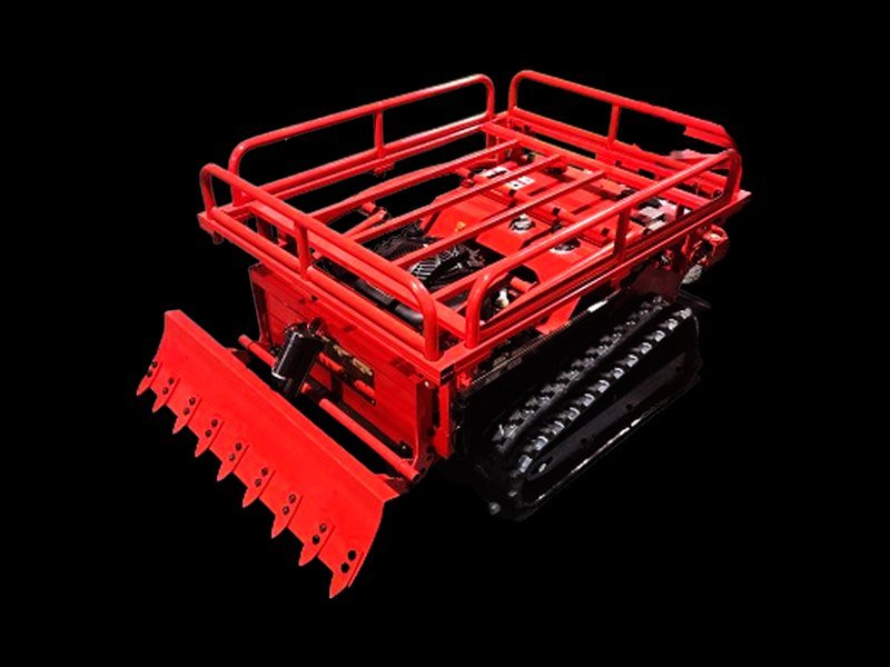 Desbrozadora HD-5000W sobre orugas, roja, con barra delantera y baranda de carga, que se maneja a control remoto