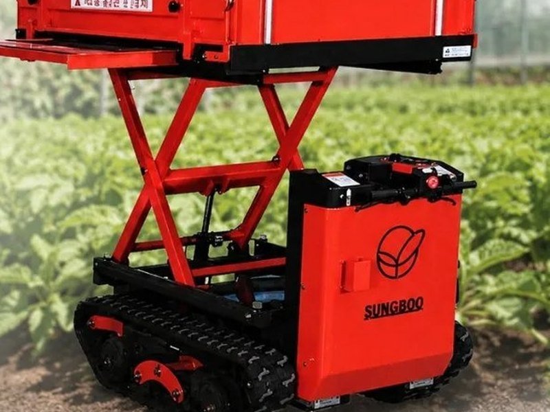 Plataforma elevadora de tijera SUNGBOO SB-3500 sobre orugas de goma trabajando entre cultivos