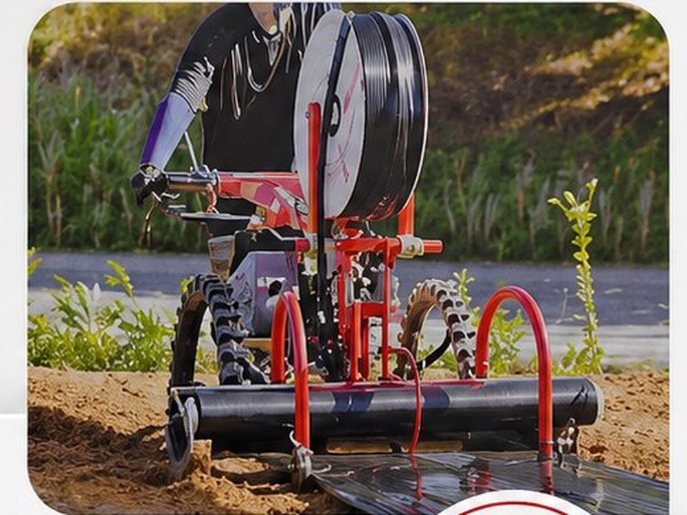El motocultor TKC1000B tendiendo plástico de acolchado e instalando cinta de goteo sobre la cama de siembra